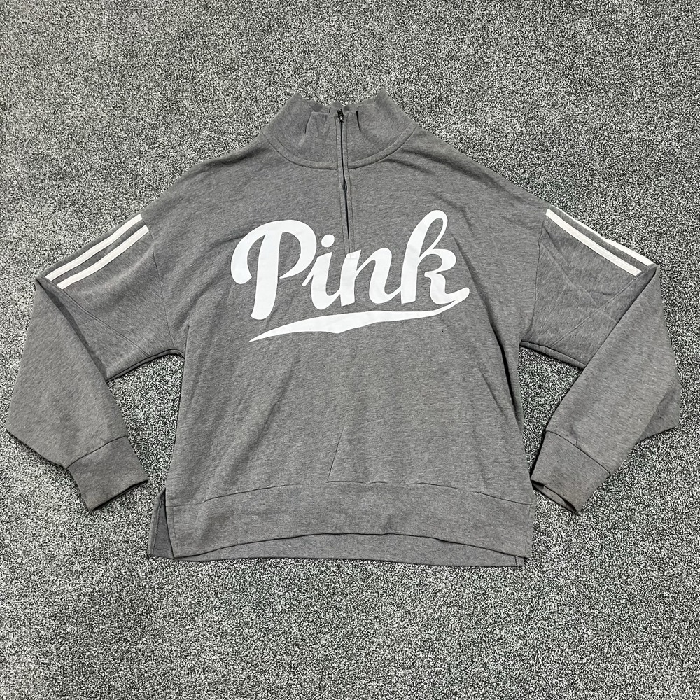 PINK Victoria Secret Quarter Zip Sweatshirt Womens Medium Gray Pullover